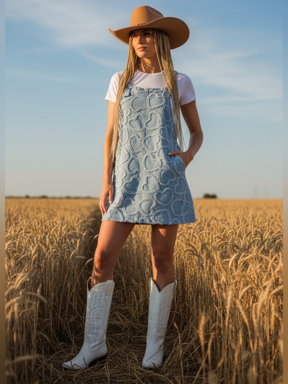 065 • Light Blue Denim Fringed Heart-Print Sleeveless Shift Dress